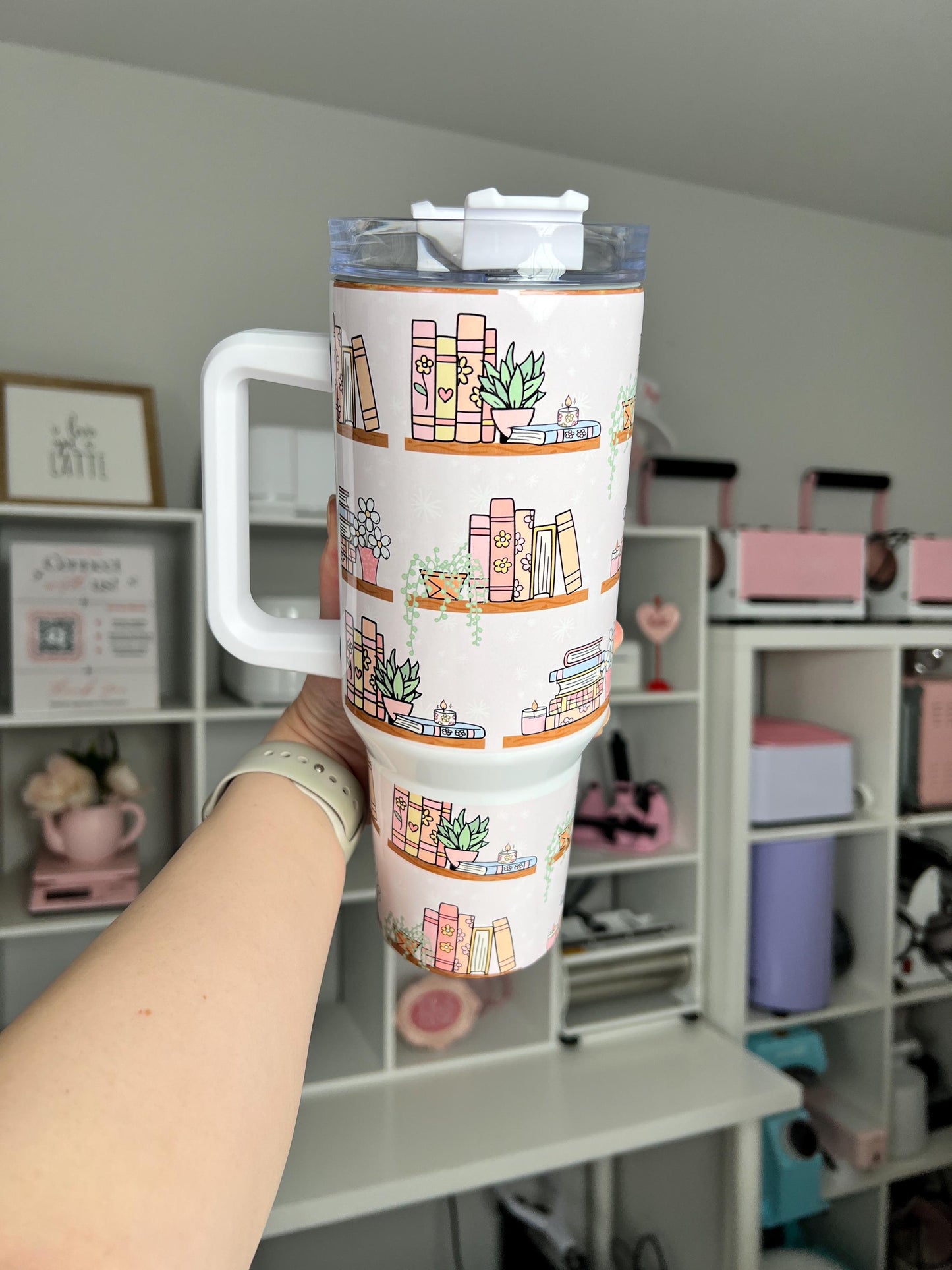 Bookshelf 40oz tumbler, Book Vibes quencher, Books and Plants custom tumbler