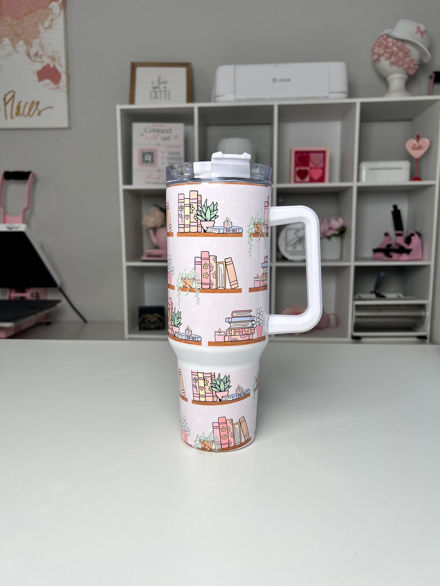 Bookshelf 40oz tumbler, Book Vibes quencher, Books and Plants custom tumbler