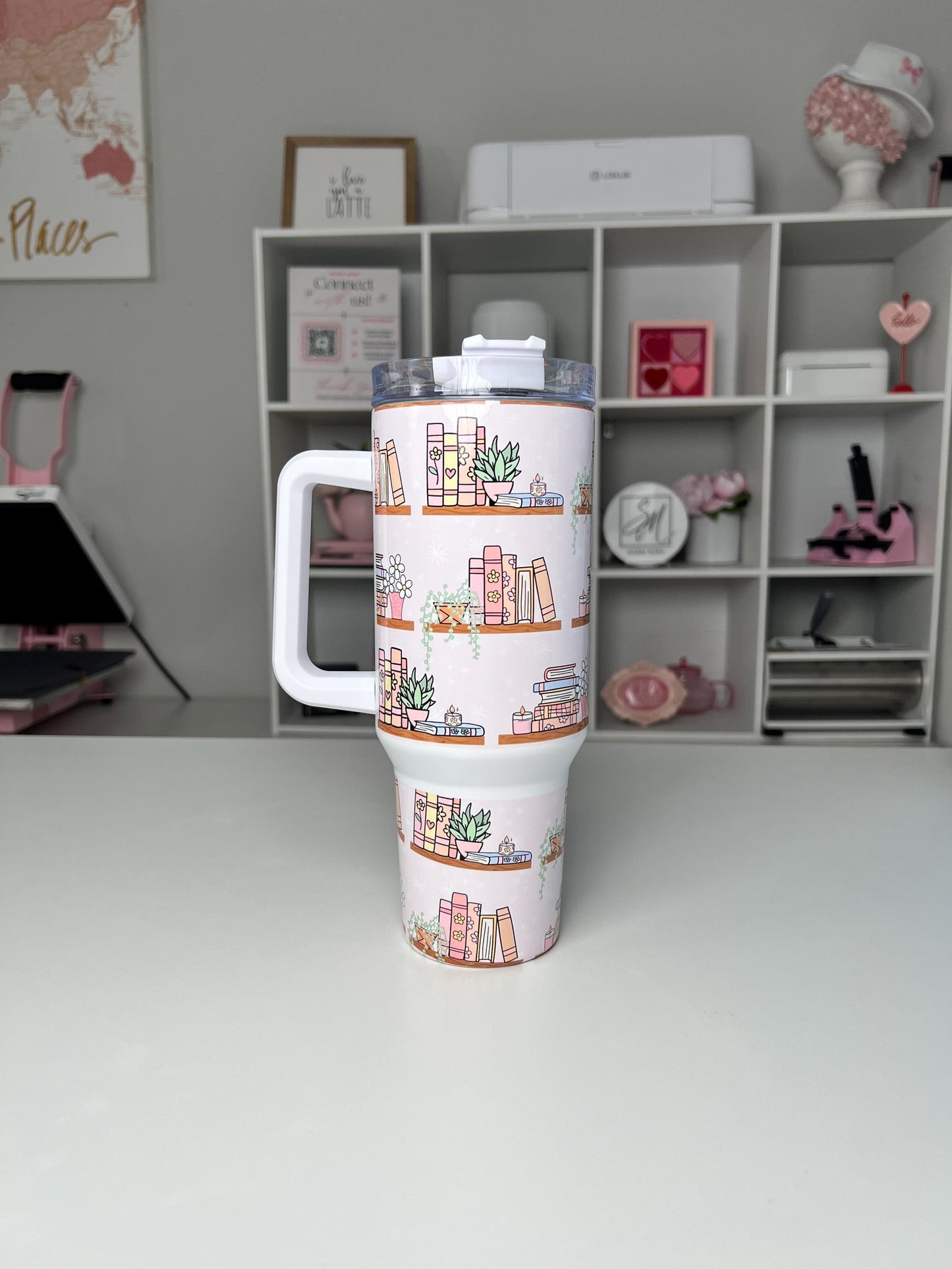 Bookshelf 40oz tumbler, Book Vibes quencher, Books and Plants custom tumbler