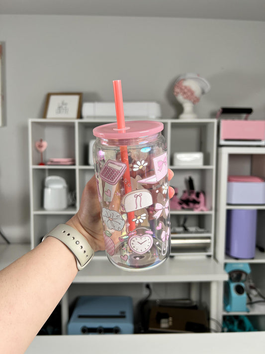 Office Girly 16oz Glass Can, Girly Vibes custom glass, Working Girlie custom glass
