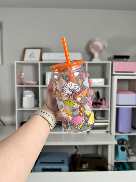 Bookish 16oz Glass Can, Book Vibes custom glass, Happy Book Vibes custom glass