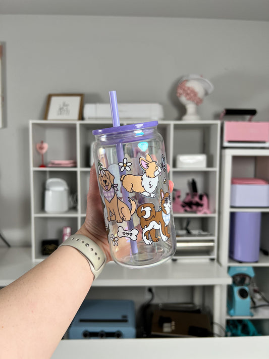 Pups and Spring 16oz Glass Can, Spring Vibes custom glass, Dog Lover Vibes custom glass