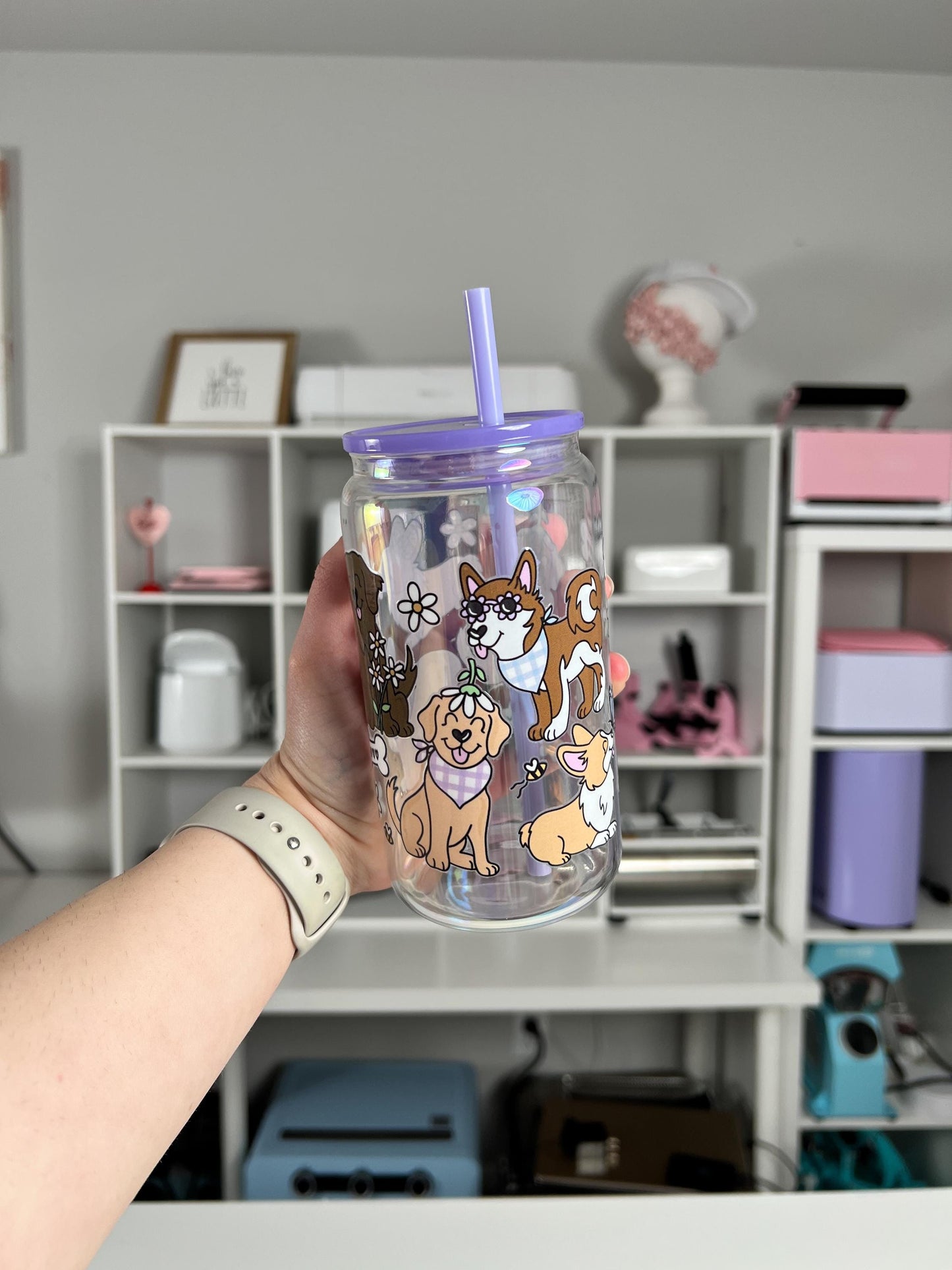 Pups and Spring 16oz Glass Can, Spring Vibes custom glass, Dog Lover Vibes custom glass