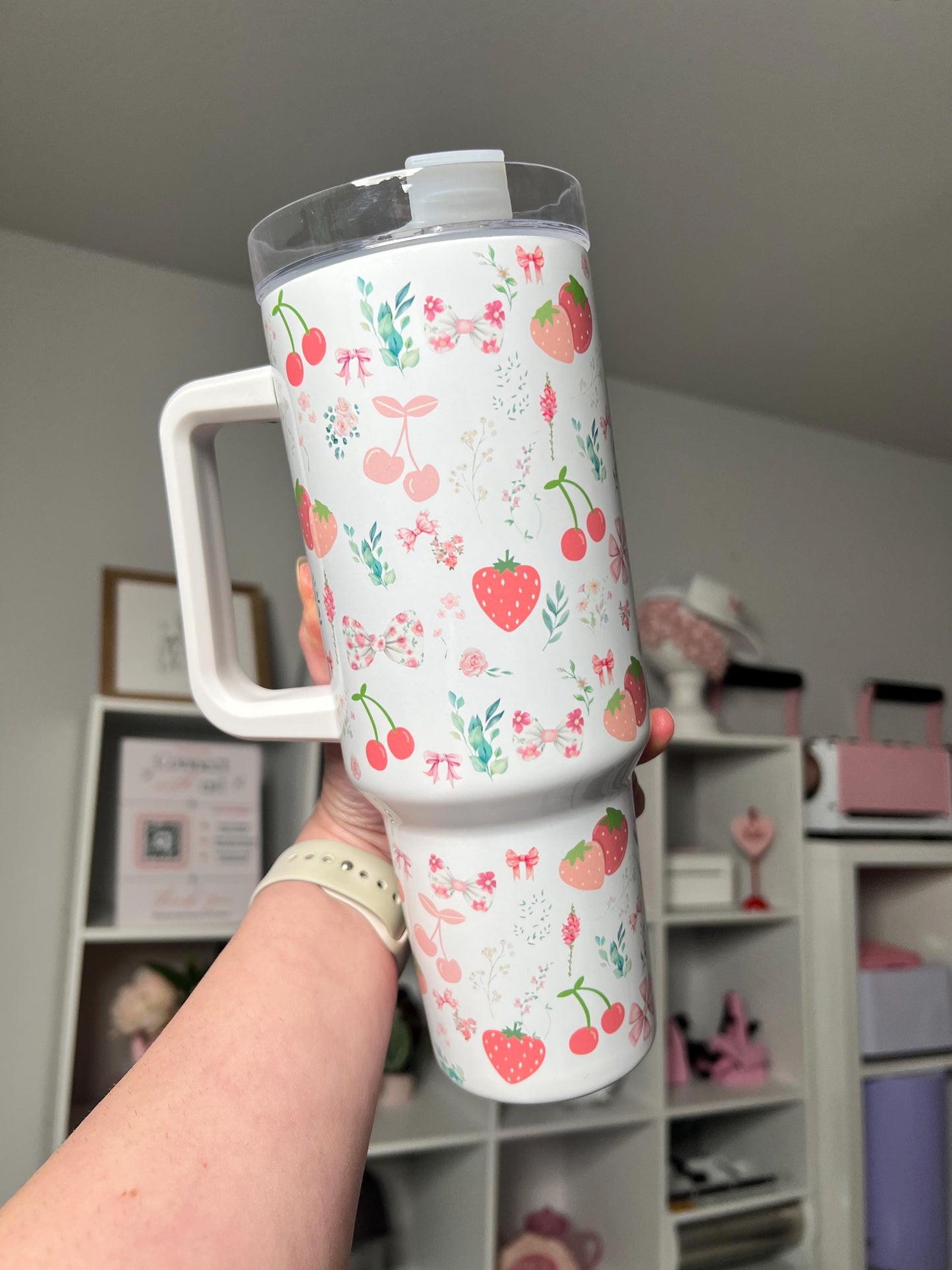 Coquette Cottage 40oz tumbler, Strawberry Fields quencher, Coquette Strawberry custom tumbler