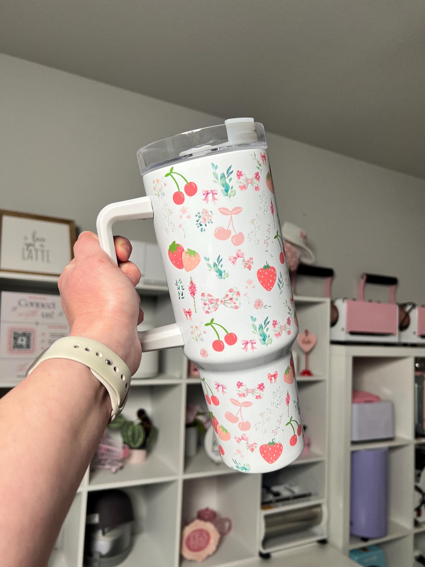 Coquette Cottage 40oz tumbler, Strawberry Fields quencher, Coquette Strawberry custom tumbler