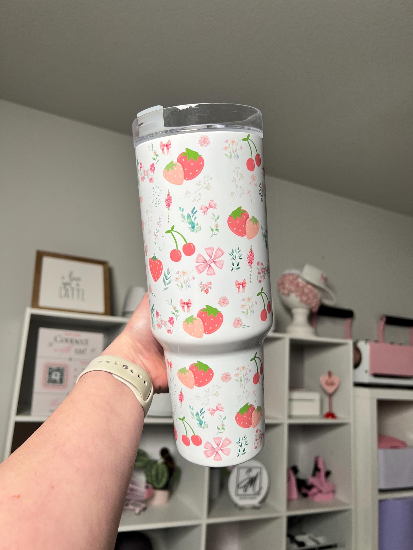 Coquette Cottage 40oz tumbler, Strawberry Fields quencher, Coquette Strawberry custom tumbler