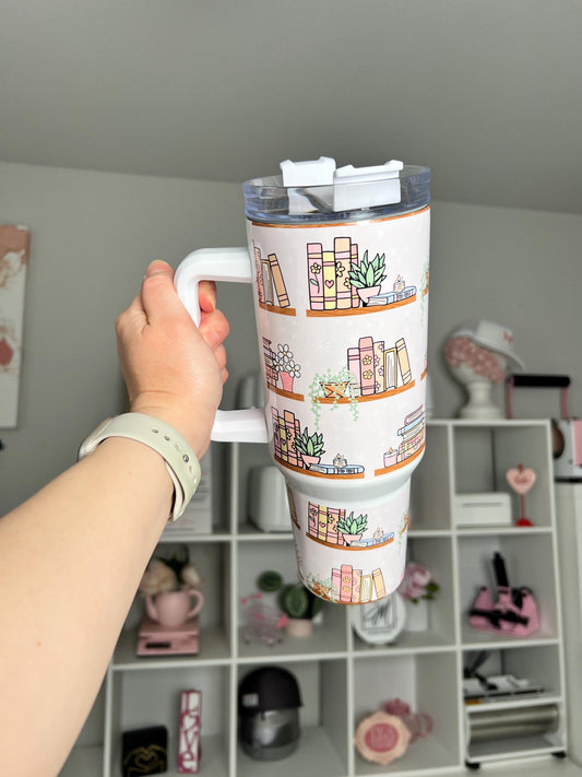 Bookshelf 40oz tumbler, Book Vibes quencher, Books and Plants custom tumbler