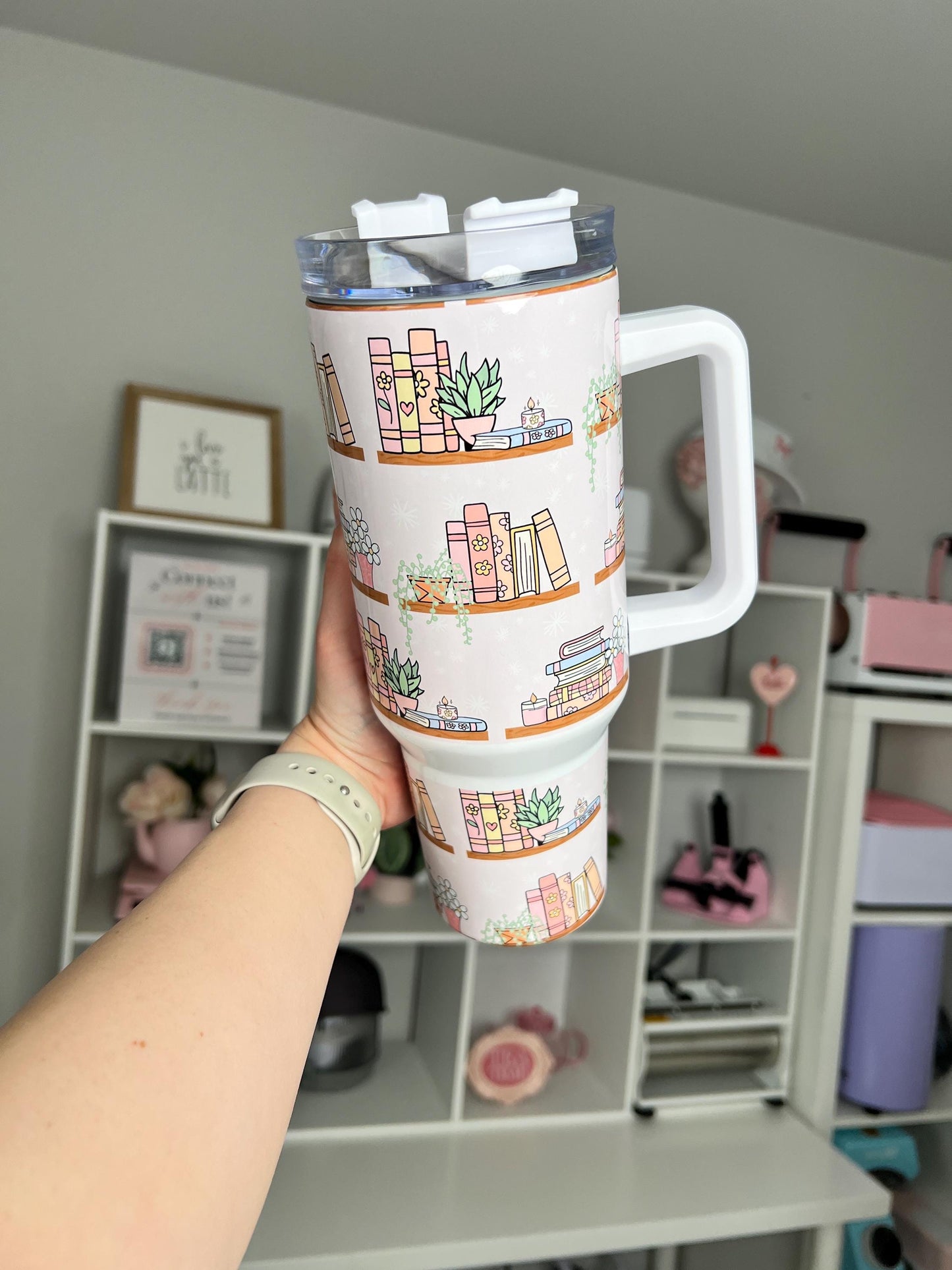 Bookshelf 40oz tumbler, Book Vibes quencher, Books and Plants custom tumbler