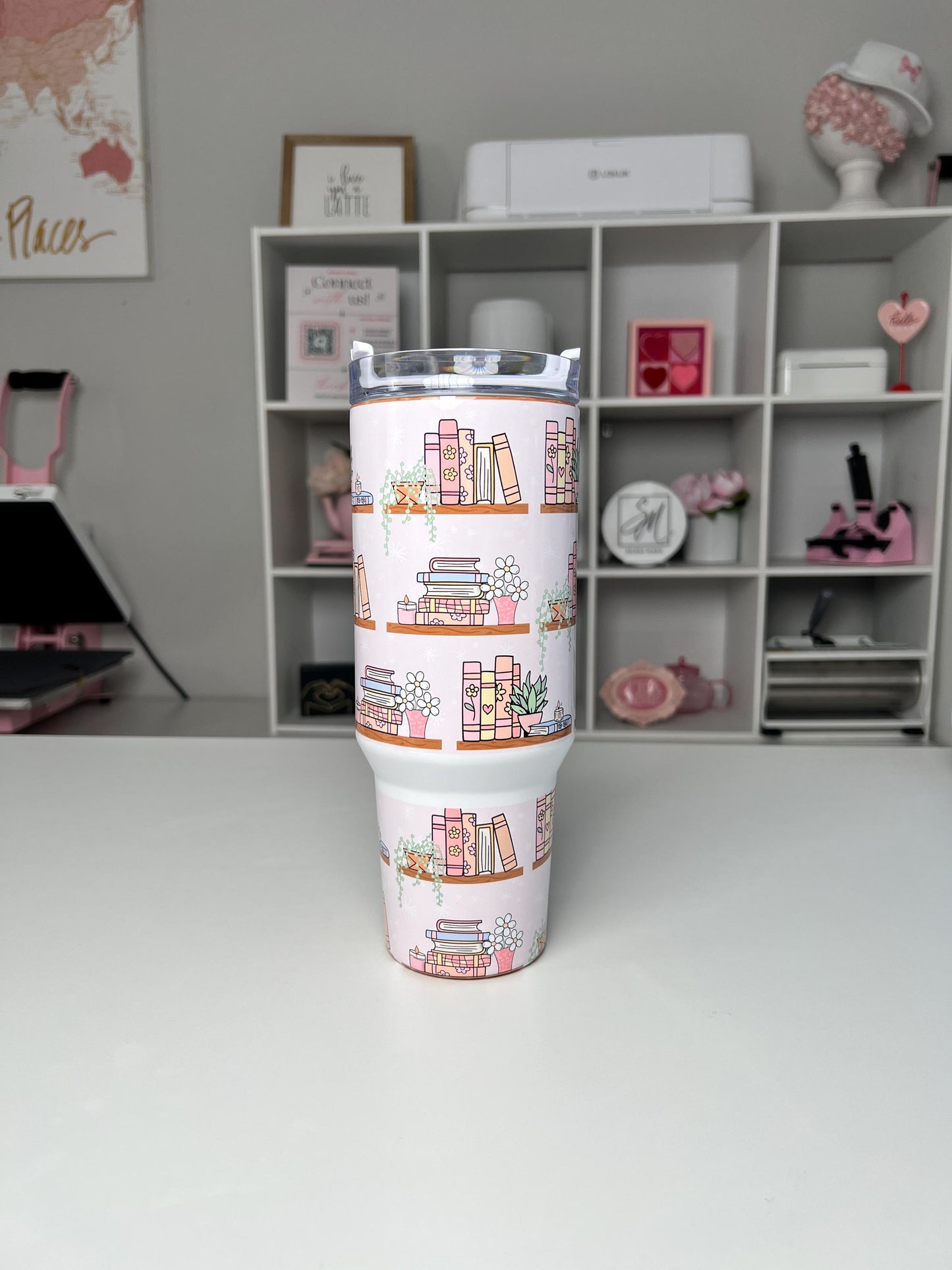 Bookshelf 40oz tumbler, Book Vibes quencher, Books and Plants custom tumbler