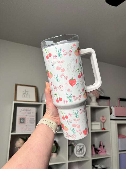 Coquette Cottage 40oz tumbler, Strawberry Fields quencher, Coquette Strawberry custom tumbler